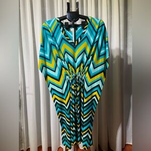 Calvin Klein Blue Yellow Chevron Tie Waist Dress Cover Up Beachy Coastal Sz 14